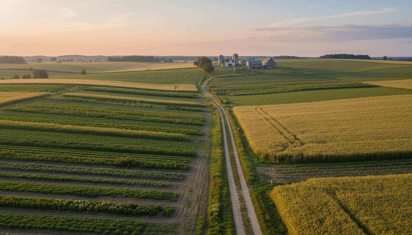 Campo agrícola desde el aire con cultivos verdes y cielo despejado