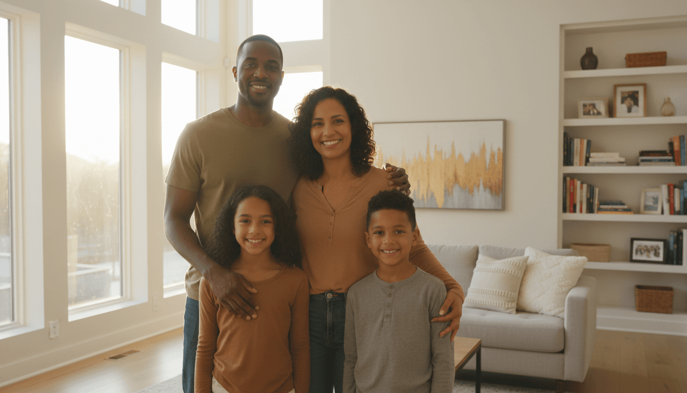Familia frente a su casa sonriendo